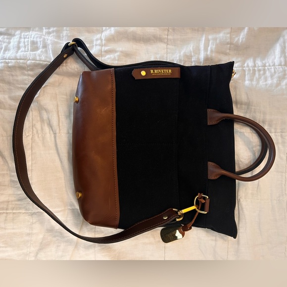 R. Riveter Otto Tote Black Canvas & Brown Leather, Made in USA, Like New. - Picture 2 of 12